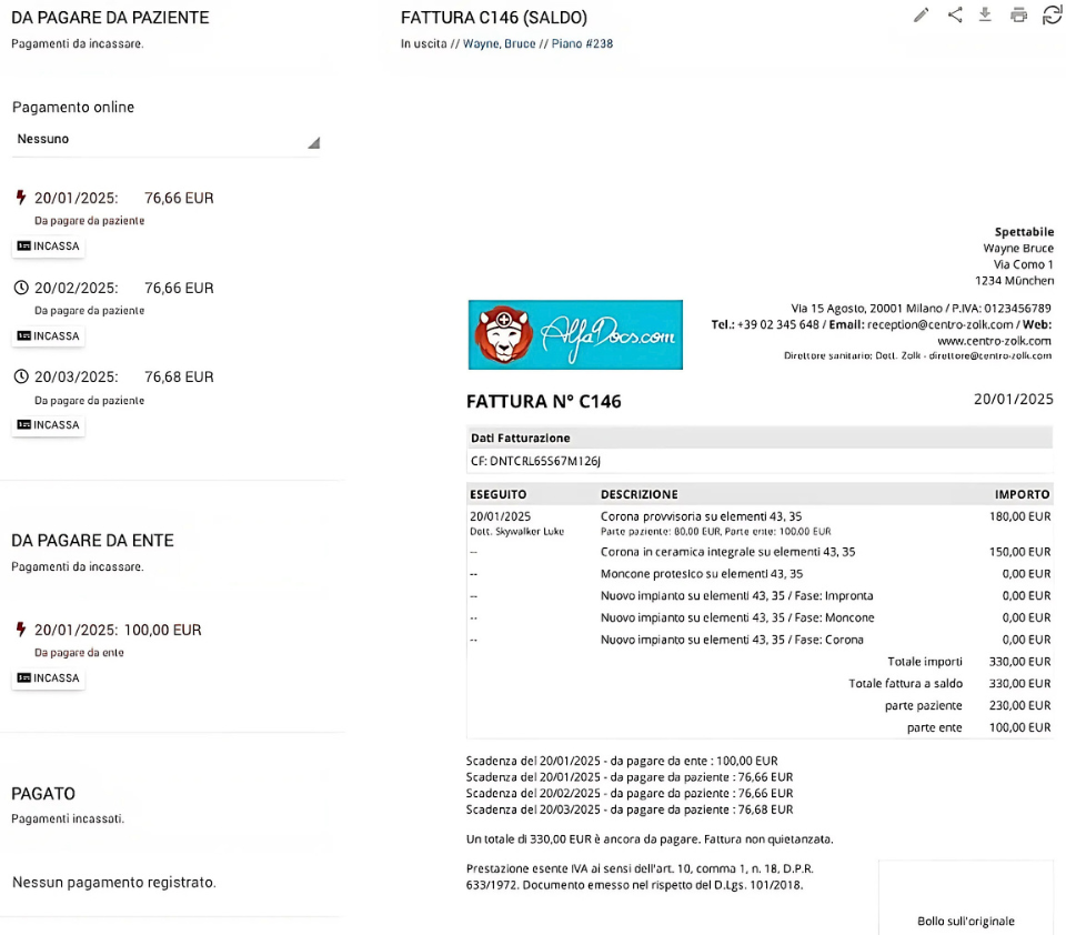 Screenshot AlfaDocs dashboard pagamenti